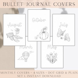 Bullet Journal 12 Monthly Cover Pages, Monthly Planner Cover Pages, Bujo Cover Title Page Templates, Printable Bullet Journal Inserts Set 1