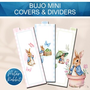Op de afbeelding: Bujo mini covers en dividers met Peter Rabbit illustraties. De ontwerpen omvatten konijntjes met vlinders, een houten kist met groenten en een paraplu. De covers hebben een roze, blauwe en groene ruitjesrand.