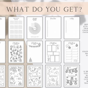 May include: A digital planner with 12 monthly covers, festive holiday pages, and different style habit trackers. The planner includes a variety of layouts and mood trackers.