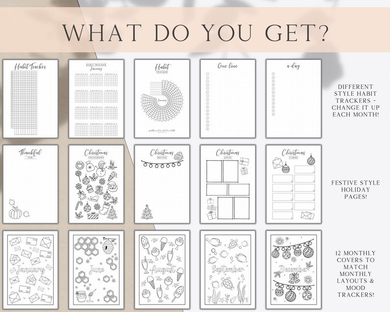 May include: A digital planner with 12 monthly covers, festive holiday pages, and different style habit trackers. The planner includes a variety of layouts and mood trackers.