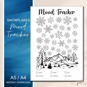May include: A black and white mood tracker printable with the words "Mood Tracker" at the top. The design features snowflakes, mountains, trees, and a snowman. The bottom has options to track moods like happy, excited, tired, anxious, sad, and angry.