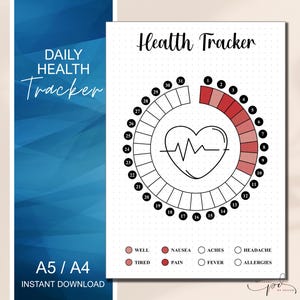 May include: A printable daily health tracker with a circle divided into 31 sections. Each section is numbered from 1 to 31. The center of the circle features a heart with a heartbeat line. The tracker includes a key with icons and labels for well, tired, nausea, pain, aches, fever, headache, and allergies.