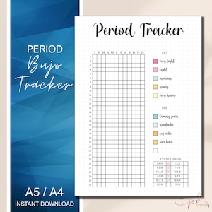 May include: A printable period tracker with a grid for tracking your cycle each month. The tracker includes a key with different colored boxes for tracking flow levels, PMS symptoms, and other symptoms. The tracker also includes a section for tracking cycle length.