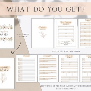 May include: A digital planner for homeschooling with two different cover designs. The covers feature floral illustrations in shades of brown and beige. The planner includes pages for contact information, student details, passwords, and more.