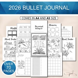 2026 Printable Bullet Journal, Monthly Yearly Planner Pages & Trackers, A4 or A5 Printable Bujo, Coloring In Pages, Plain or Dot Grid