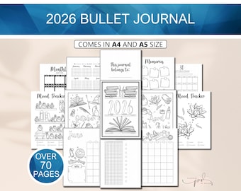 Dziennik Bullet Journal do druku na rok 2026, strony do miesięcznego i rocznego planera oraz trackery, Bujo do druku w formacie A4 lub A5, strony do kolorowania, w kratkę zwykłą lub kropkowaną