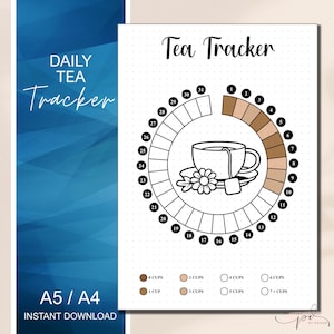 May include: Printable tea tracker with a black and white illustration of a teacup and saucer. The tracker is a circle with 31 sections for daily tea consumption. The sections are labeled with numbers 1 through 31. The tracker also includes a key with different colored circles representing the number of cups of tea consumed.