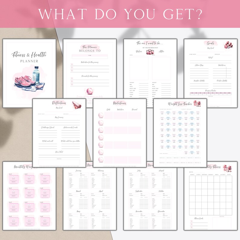 Pink Weight Loss Planner, Printable Health and Fitness Journal, Weight and Health Tracker, Diet Meal Planner, Workout and Exercise Trackers image 2