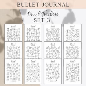 May include: A set of 12 printable mood trackers for bullet journaling. Each tracker features a different black and white illustration, including coffee cups, flowers, hot air balloons, honeycombs, crystals, butterflies, seashells, fish, pumpkins, mushrooms, and Christmas trees.