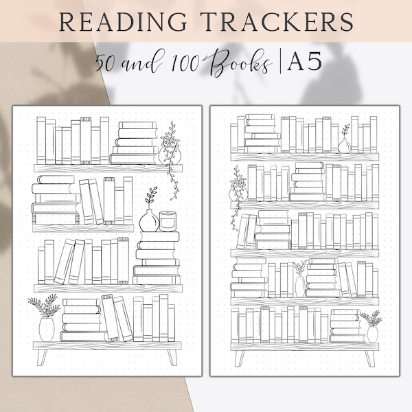 Printable Reading Tracker, Book Trackers, Bookshelf Reading Log, Bullet Journal Trackers, Reading Challenge 50 & 100 Books, Bujo Templates