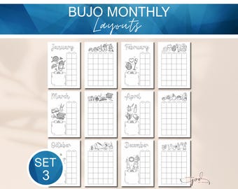 Diseños mensuales de Bullet Journal, páginas imprimibles del calendario mensual de Bujo, páginas imprimibles mensuales de Happy Planner A4 A5, página para colorear