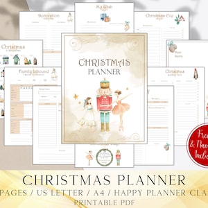 Puede incluir: Un planificador de Navidad imprimible de 103 páginas en un estilo clásico. La portada presenta una ilustración de acuarela de un cascanueces y una bailarina sobre un fondo dorado. El texto "Christmas Planner" está en una fuente dorada.