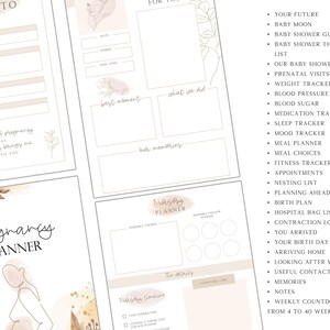 May include: A printable pregnancy planner with a watercolor floral design. The planner includes sections for tracking appointments, mood, sleep, weight, and more. It also includes a weekly countdown from 40 to 4 weeks.