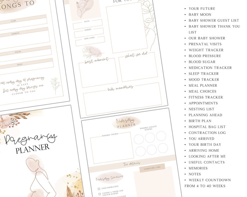 May include: A printable pregnancy planner with a watercolor floral design. The planner includes sections for tracking appointments, mood, sleep, weight, and more. It also includes a weekly countdown from 40 to 4 weeks.