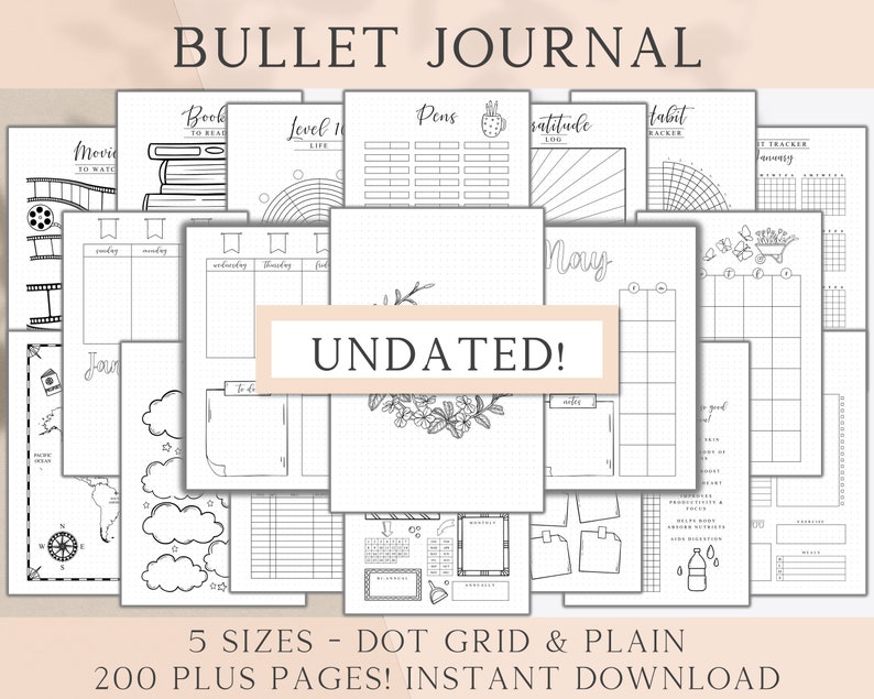 Undated Printable Bullet Journal Bundle, Bullet Journal Printables, Premade Bujo Template, Bullet Journal Pages, Bujo Trackers Weekly imagem 1