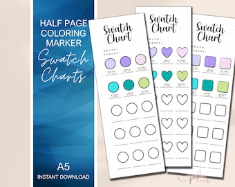 Op de afbeelding: Drie printbare kleurstalen voor kleurpotloden. Elke kaart heeft de titel "Swatch Chart" en bevat ruimte voor kleurstalen, merk- en serienamen, en een verscheidenheid aan vormen om verschillende potloodpunten te testen.