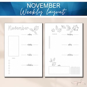November Weekly Layout Bujo Insert, Printable Bullet Journal To Do List, Weekly Planner Page, Fall Leaves Themed Weekly Planner Printable