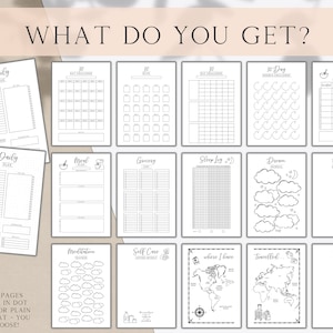 May include: A printable planner with 16 different pages for daily planning, meal planning, grocery lists, sleep logs, dream journaling, positive affirmations, meditation, self-care, travel tracking, and brain dumps. The pages are in a black and white minimalist style.