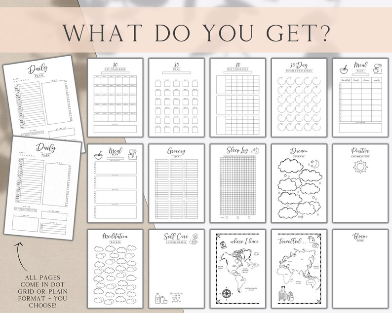 May include: A printable planner with 16 different pages for daily planning, meal planning, grocery lists, sleep logs, dream journaling, positive affirmations, meditation, self-care, travel tracking, and brain dumps. The pages are in a black and white minimalist style.
