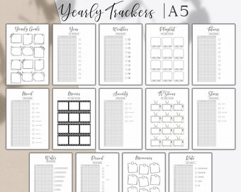 Yearly Trackers Bundle, Bullet Journal A5 Yearly Inserts, Printable Bullet Journal Trackers, Bujo Yearly Templates, Habit trackers