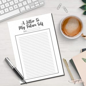 Pu&ograve; includere: Una lettera stampabile per il tuo futuro io con uno sfondo a pois e uno spazio per scrivere la data. Il testo "A Letter To My Future Self" &egrave; in cima alla pagina.