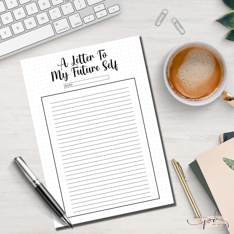 Pu&ograve; includere: Una lettera stampabile per il tuo futuro io con uno sfondo a pois e uno spazio per scrivere la data. Il testo "A Letter To My Future Self" &egrave; in cima alla pagina.