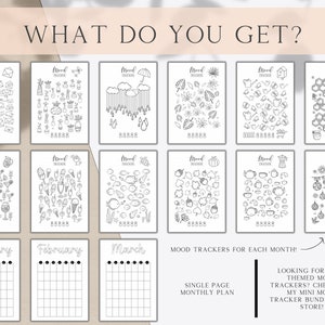 May include: A printable mood tracker set with 12 different monthly designs. Each page features a single-page monthly plan with a unique doodle theme. The text "MOOD TRACKERS FOR EACH MONTH!" is at the bottom of the page. The text "LOOKING FOR MORE THEMED MOOD TRACKERS? CHECK OUT MY MINI MOOD TRACKER BUNDLE IN MY STORE!" is at the bottom right corner of the page.