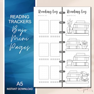 Op de afbeelding: Een printbaar leeslogboek met twee pagina's. Elke pagina heeft een sectie voor de maand, een ruimte om de titel van het boek te schrijven en een sectie om het boek te beoordelen. De pagina's zijn versierd met illustraties van boeken, een vaas met bloemen en een kopje thee.