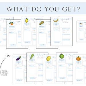 Peut inclure: Un suivi de grossesse imprimable avec des illustrations de fruits et l&eacute;gumes repr&eacute;sentant chaque semaine de grossesse de la semaine 4 &agrave; la semaine 40. Le texte "WHAT DO YOU GET?" est en haut de la page. Le texte "EVERY WEEK FROM 4 WEEKS TO 40 WEEKS" est en bas de la page.