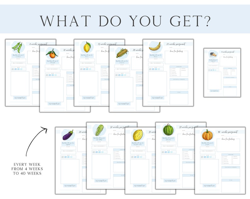 Peut inclure: Un suivi de grossesse imprimable avec des illustrations de fruits et l&eacute;gumes repr&eacute;sentant chaque semaine de grossesse de la semaine 4 &agrave; la semaine 40. Le texte "WHAT DO YOU GET?" est en haut de la page. Le texte "EVERY WEEK FROM 4 WEEKS TO 40 WEEKS" est en bas de la page.