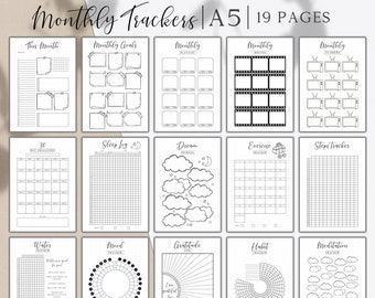 Monthly Trackers Bundle, Bullet Journal A5 Monthly Inserts, Printable Bullet Journal Trackers, Bujo Monthly Templates, Habit trackers