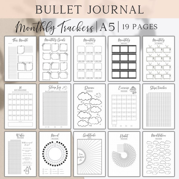 Monthly Trackers Bundle, Bullet Journal A5 Monthly Inserts, Printable Bullet Journal Trackers, Bujo Monthly Templates, Habit trackers