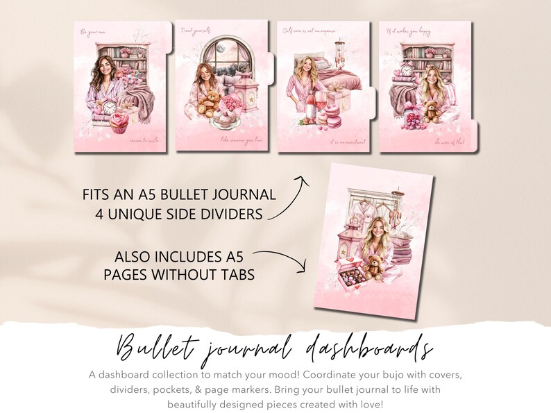 Self Care Bullet Journal Printable Dashboard Set, Valentines Bujo