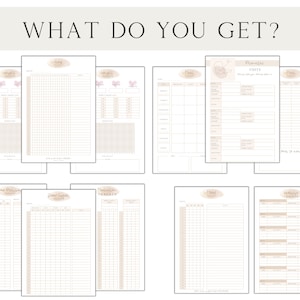 May include: Printable pregnancy tracker with pages for weight, sleep, mood, medication, prenatal visits, and food cravings. The pages are designed with a light pink and brown color scheme.