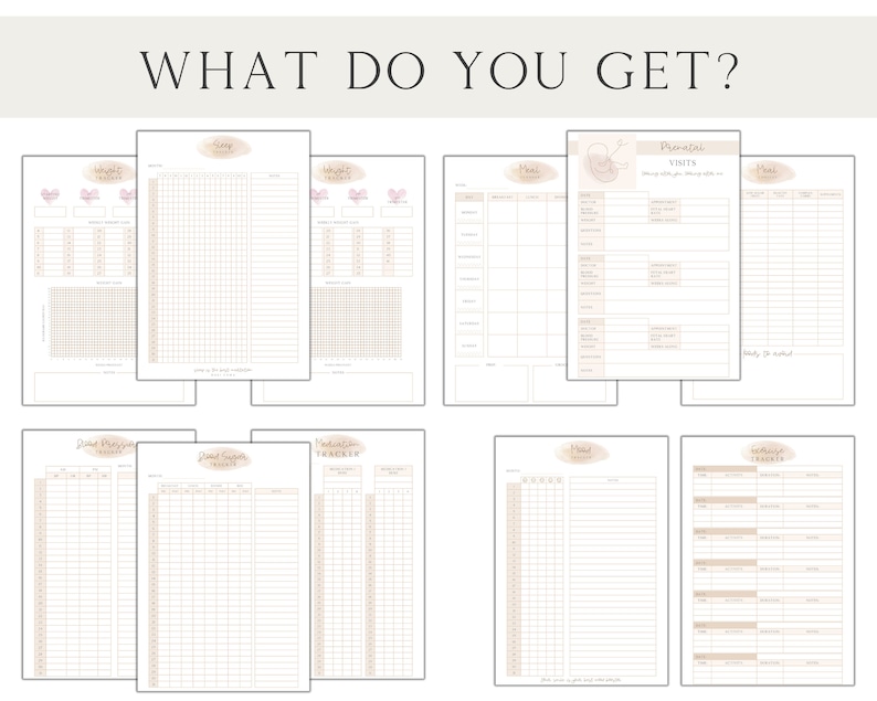 May include: Printable pregnancy tracker with pages for weight, sleep, mood, medication, prenatal visits, and food cravings. The pages are designed with a light pink and brown color scheme.