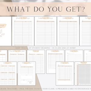 May include: A printable set of reading trackers for students. The trackers include a "Keeping Track" page, a "Books to Read" page, an "Independent Reading" page, a "Guided Reading" page, a "Family Reading" page, a "Meal Plan" page, a "Prep for Keep Silent" page, a "To Do List" page, a "Reading Log" page, a "Behavior Chart" page, a "Progress Chart" page, a "Grade Tracker" page, and an "Attendance" page. The trackers are designed to help students keep track of their reading progress.