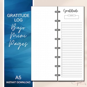 Gratitude Log, MINI Bullet Journal Pocket Pages Printable Gratitude Log, A5 Happy Planner Gratitude Insert, Plain or Dot Grid, Bujo Page