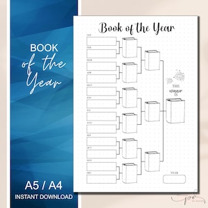 Peut inclure: Un modèle imprimable de suivi du livre de l'année. Le suivi est un tableau de type bracket avec des espaces pour écrire le nom d'un livre pour chaque mois de l'année. Le gagnant est déterminé par une série de brackets. Le texte "Book of the Year" est en haut du tableau. Le texte "The winner is" est en bas du tableau.