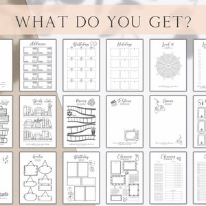May include: A black and white printable planner with various sections for tracking books, movies, birthdays, holidays, cleaning, and more. The planner includes a year overview, address list, and a level 10 life tracker.