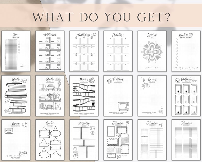 May include: A black and white printable planner with various sections for tracking books, movies, birthdays, holidays, cleaning, and more. The planner includes a year overview, address list, and a level 10 life tracker.