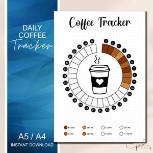 Può includere: Un tracker di caffè stampabile con un'illustrazione in bianco e nero di una tazza di caffè. Il tracker è un cerchio con i numeri da 1 a 31 attorno al bordo. Il cerchio è diviso in sezioni per tracciare l'assunzione giornaliera di caffè. Le sezioni sono etichettate con il numero di tazze di caffè.