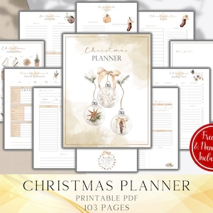 May include: A set of printable Christmas planner pages. The cover displays watercolour illustrations of hanging baubles with botanical details. The planner includes sections for countdowns, travel planning, and bucket lists. The cover text reads "Christmas Planner".