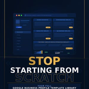 Może przedstawiać: Cyfrowa grafika zatytułowana Google Business Profile Series przedstawiająca interfejs pulpitu nawigacyjnego z szablonami opisów firm, recenzji i postów. Tekst brzmi Stop Starting From Scratch, Your Full Google Business Profile Template Library autorstwa Rogera Turnbowa.