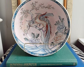 Vintage Aziatische porseleinen serveerschaal | Kom met roze feniks en kersenbloesem | Chinoiserie-stuk | Handgeschilderde keramische kom