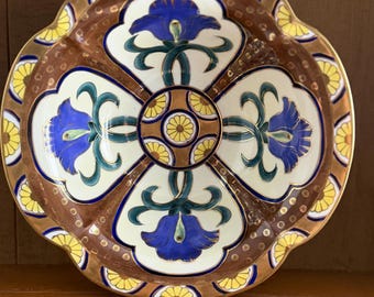 Vintage Noritake Hand Painted Bowl, Made in Japan, Floral Scalloped Serving Bowl, Mid Century Decorative Dish, Blue Yellow Gold