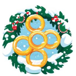 May include: A Christmas wreath with a snowy background and five gold rings in the center. The wreath is decorated with green pine branches, red berries, and white snow.