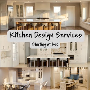 Peut inclure: Un collage d'intérieurs de cuisine présentant des armoires blanches, des comptoirs en marbre et des îlots de cuisine avec des tabourets de bar. Le texte Kitchen Design Services Starting at $50 est superposé sur les images.