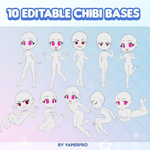 May include: Ten editable chibi character bases in various poses. The bases are white with pink eyes and are on a light blue background with white stars.