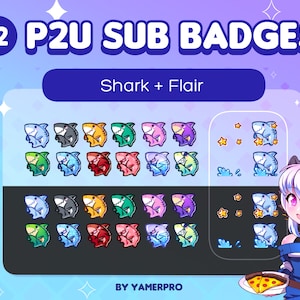 12 P2U Cute Aquatic Chibi Shark Twitch Sub ou Bit Badges + 2 Bonus Flairs | Océan d'eau japonais Kawaii | Banderoles Twitch/Discord | Icônes