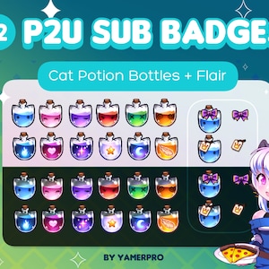 12 Cute Cat Potion Bottles Twitch Sub or Bit Badges + Bonus Flairs | Kawaii Neko Kitty Flasks | Streamers | Halloween Spooky Icons